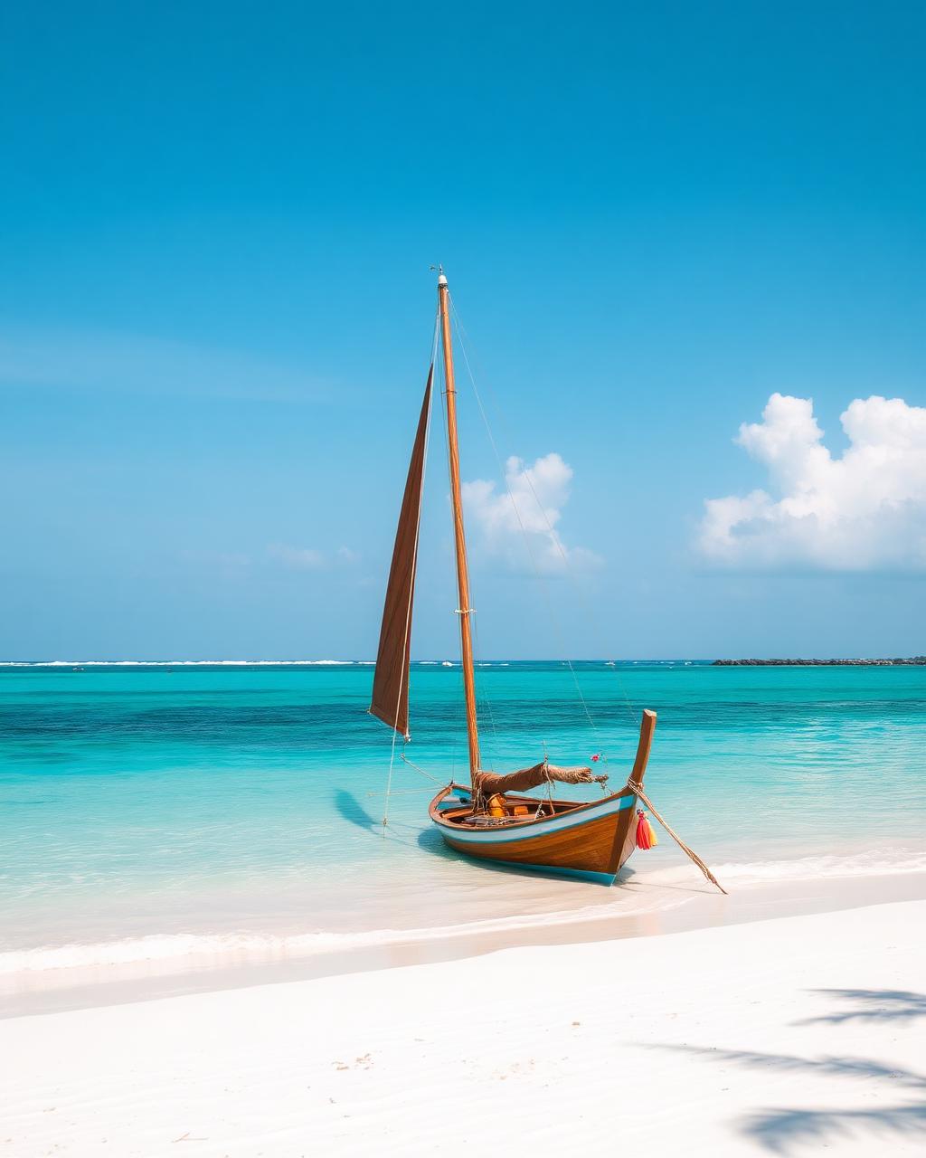 Dhow sailboat on a white sand beach in Zanzibar