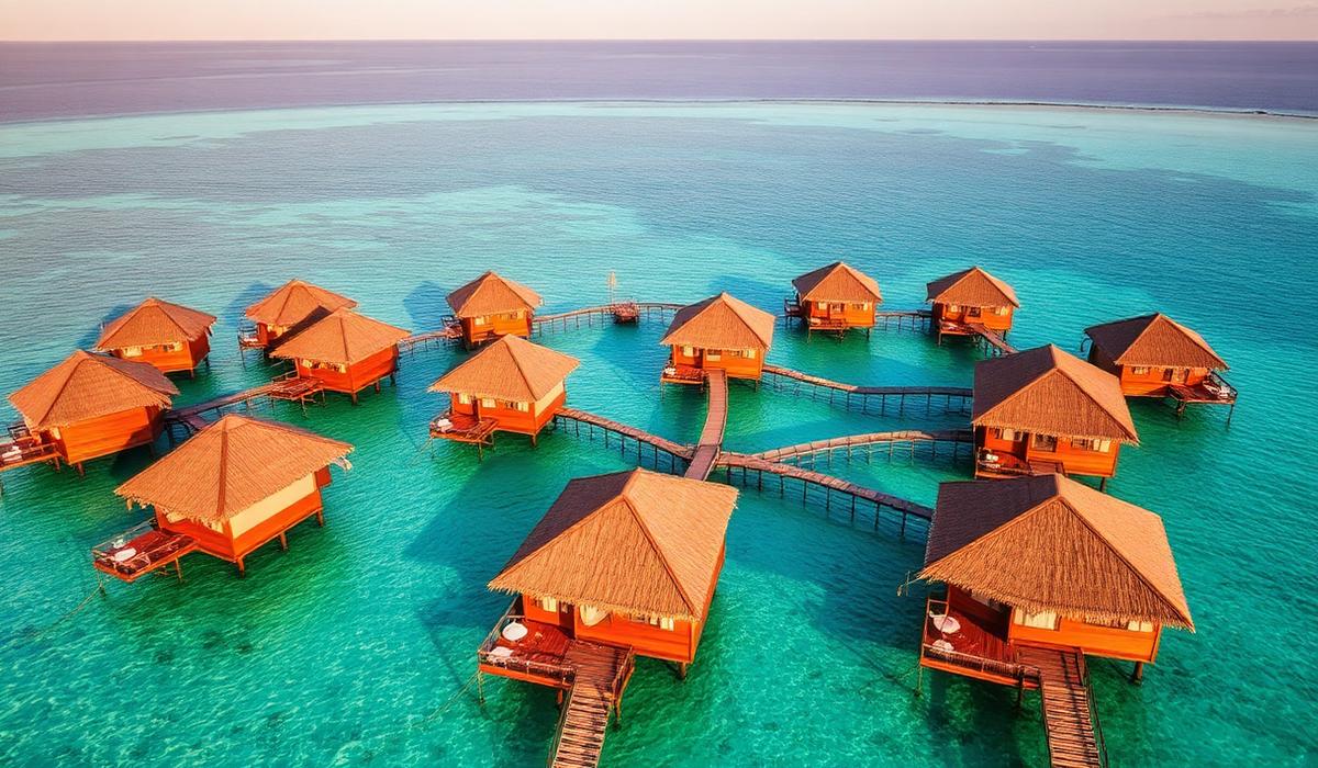 Overwater villas in a turquoise lagoon