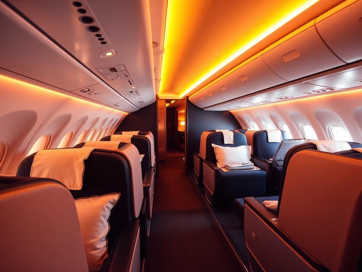 Business class cabin with warm ambient lighting
