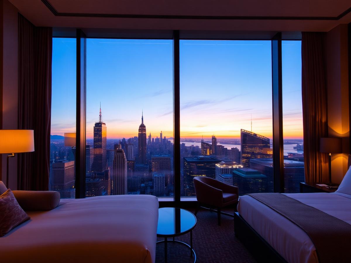 Luxury hotel suite overlooking a city skyline