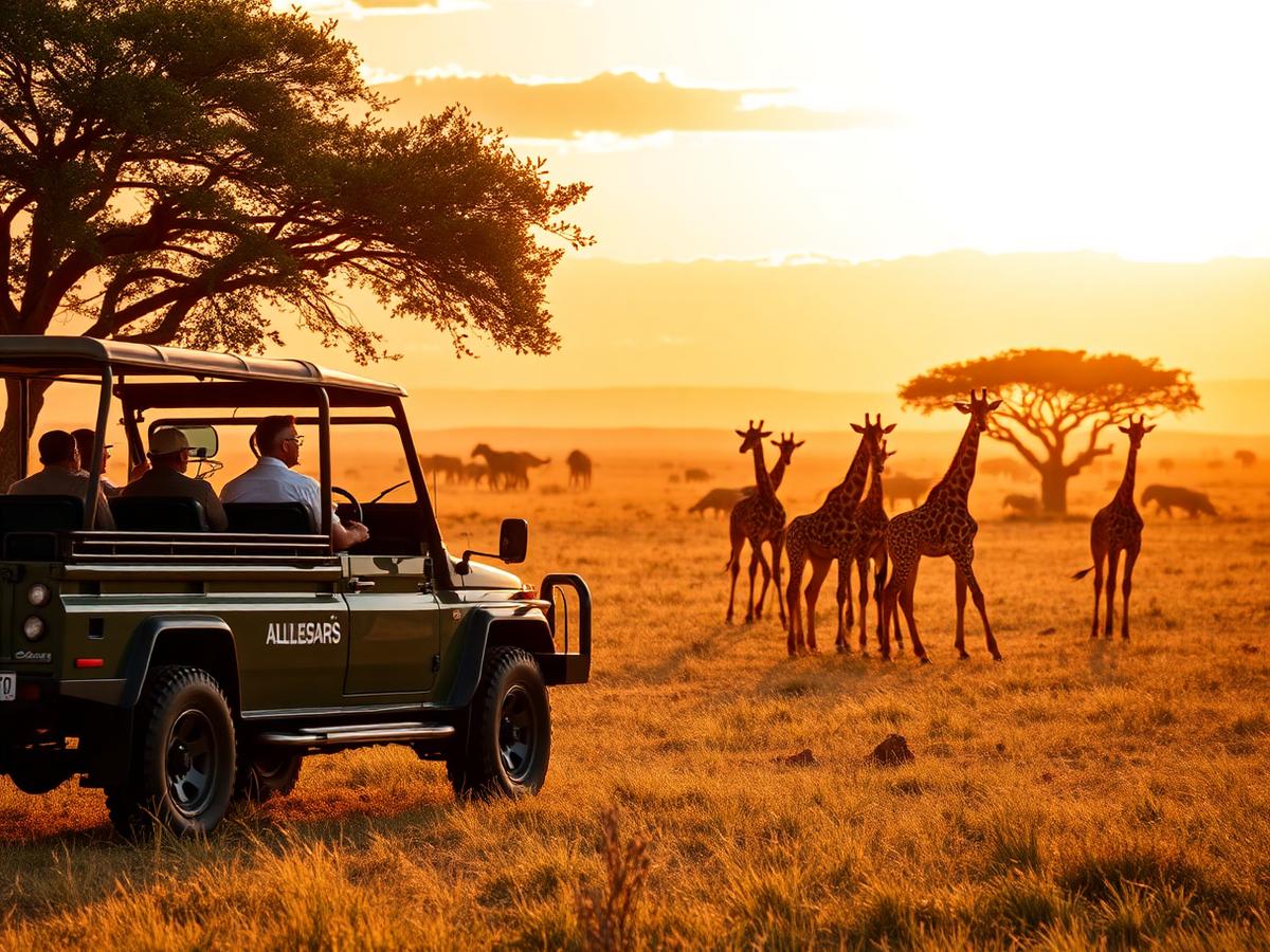 Safari vehicle beside giraffes at golden hour